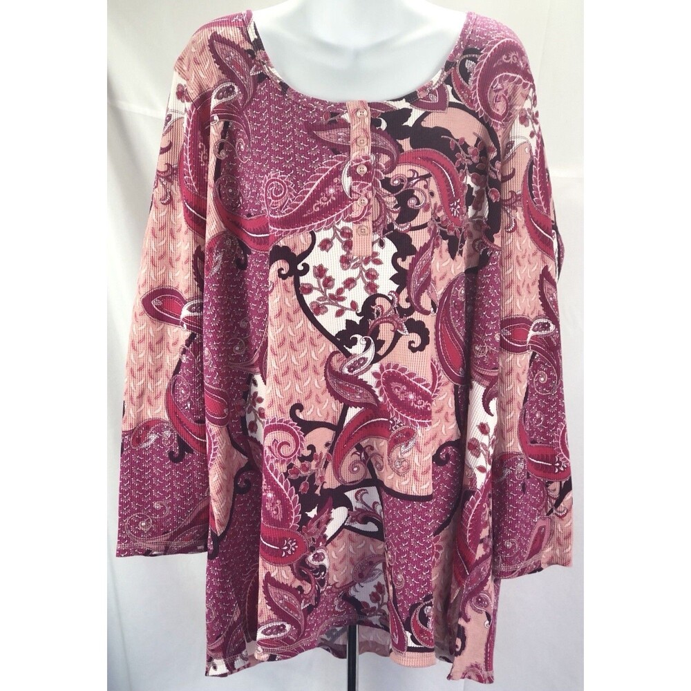 Roamans Thermal Jersey Top 22/24 Pink Paisley Scoop Neck 3/4 Sleeves Boho Hippie